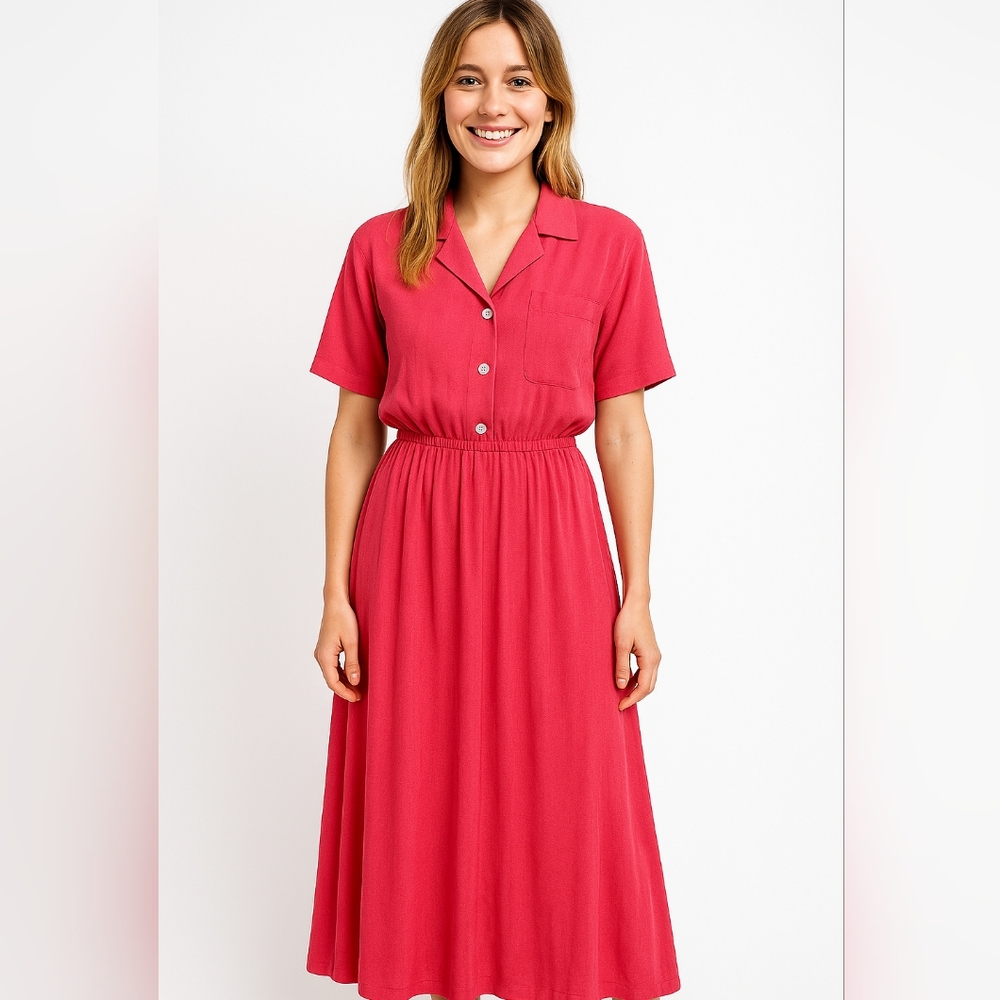 Vintage 90s‎ Pink Elastic Waist Shirt Dress USA Made Cottagecore Dress Size 8